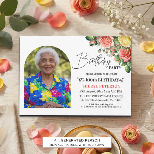 Elegant Floral with Photo 100th Birthday Party  Invitation