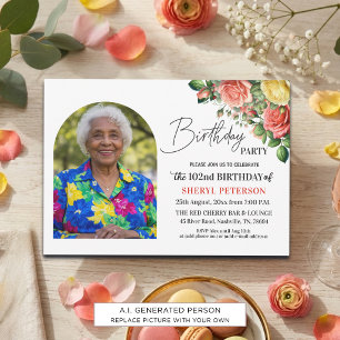 Elegant Floral with Photo 102nd Birthday Party Invitation