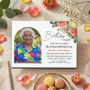 Elegant Floral with Photo 102nd Birthday Party  Invitation