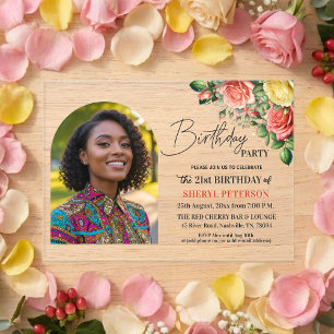 Elegant Floral with Photo 21st Birthday Party Acrylic Invitations
