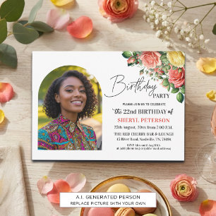 Elegant Floral with Photo 22nd Birthday Party  Invitation
