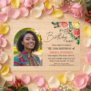 Elegant Floral with Photo 24th Birthday Party  Acrylic Invitations
