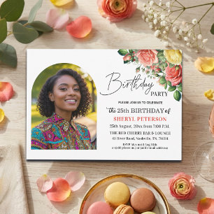 Elegant Floral with Photo 25th Birthday Party  Invitation