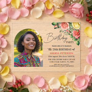 Elegant Floral with Photo 28th Birthday Party  Acrylic Invitations