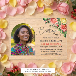 Elegant Floral with Photo 32nd Birthday Party Acrylic Invitations