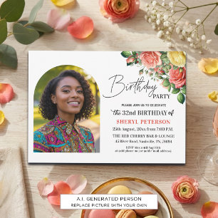 Elegant Floral with Photo 32nd Birthday Party Invitation