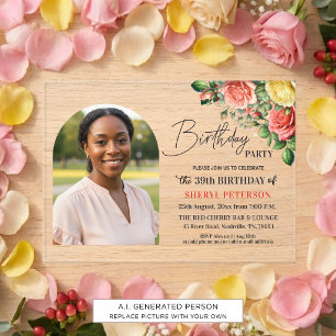Elegant Floral with Photo 39th Birthday Party Acrylic Invitations