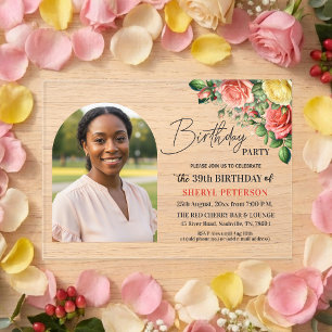 Elegant Floral with Photo 39th Birthday Party  Acrylic Invitations