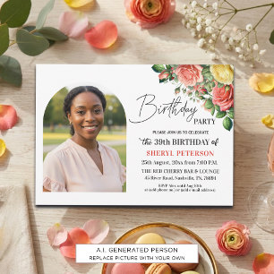 Elegant Floral with Photo 39th Birthday Party Invitation