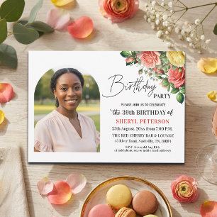 Elegant Floral with Photo 39th Birthday Party Invitation