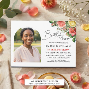Elegant Floral with Photo 42nd Birthday Party Invitation