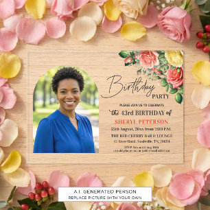 Elegant Floral with Photo 43rd Birthday Party Acrylic Invitations