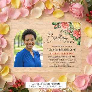 Elegant Floral with Photo 44th Birthday Party  Acrylic Invitations