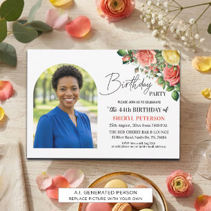 Elegant Floral with Photo 44th Birthday Party  Invitation