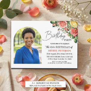 Elegant Floral with Photo 45th Birthday Party Invitation