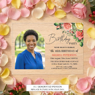 Elegant Floral with Photo 46th Birthday Party Acrylic Invitations