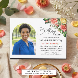 Elegant Floral with Photo 48th Birthday Party Invitation