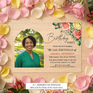 Elegant Floral with Photo 54th Birthday Party Acrylic Invitations