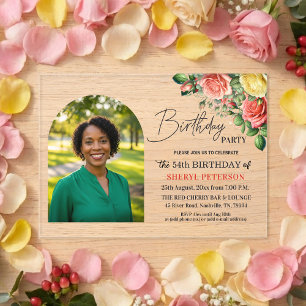 Elegant Floral with Photo 54th Birthday Party Acrylic Invitations