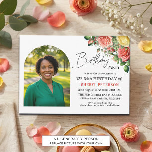 Elegant Floral with Photo 54th Birthday Party Invitation