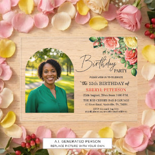 Elegant Floral with Photo 55th Birthday Party Acrylic Invitations