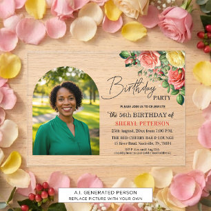 Elegant Floral with Photo 56th Birthday Party Acrylic Invitations