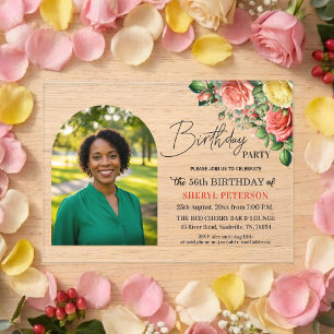 Elegant Floral with Photo 56th Birthday Party Acrylic Invitations