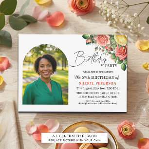 Elegant Floral with Photo 57th Birthday Party Invitation