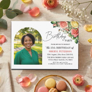 Elegant Floral with Photo 57th Birthday Party Invitation