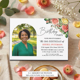 Elegant Floral with Photo 59th Birthday Party Invitation
