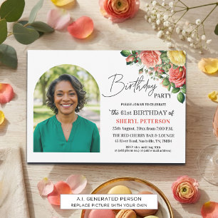 Elegant Floral with Photo 61st Birthday Party Invitation