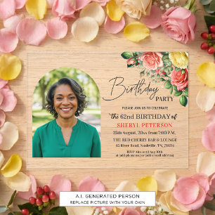 Elegant Floral with Photo 62nd Birthday Party  Acrylic Invitations