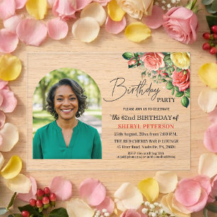 Elegant Floral with Photo 62nd Birthday Party Acrylic Invitations
