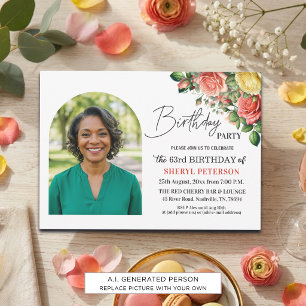 Elegant Floral with Photo 63rd Birthday Party  Invitation