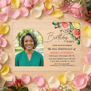 Elegant Floral with Photo 66th Birthday Party Acrylic Invitations