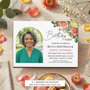 Elegant Floral with Photo 67th Birthday Party Invitation