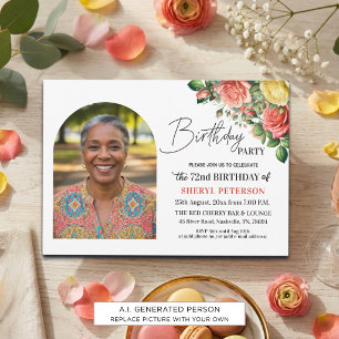 Elegant Floral with Photo 72nd Birthday Party  Invitation