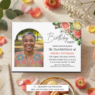 Elegant Floral with Photo 73rd Birthday Party  Invitation