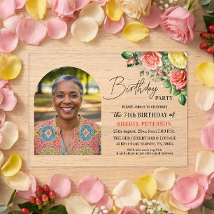 Elegant Floral with Photo 74th Birthday Party Acrylic Invitations