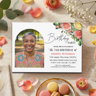 Elegant Floral with Photo 74th Birthday Party Invitation