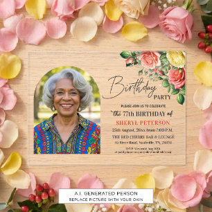 Elegant Floral with Photo 77th Birthday Party  Acrylic Invitations