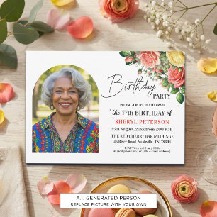 Elegant Floral with Photo 77th Birthday Party  Invitation