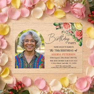 Elegant Floral with Photo 79th Birthday Party  Acrylic Invitations