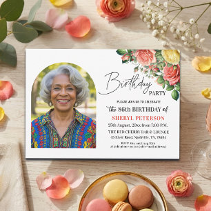 Elegant Floral with Photo 86th Birthday Party  Invitation