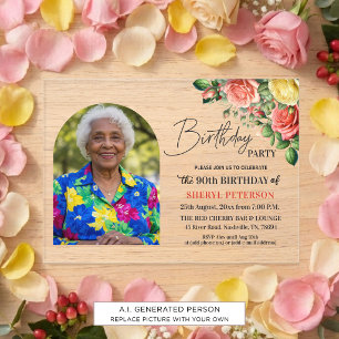Elegant Floral with Photo 90th Birthday Party  Acrylic Invitations