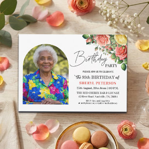 Elegant Floral with Photo 95th Birthday Party  Invitation