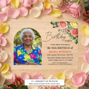 Elegant Floral with Photo 96th Birthday Party Acrylic Invitations