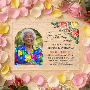 Elegant Floral with Photo 97th Birthday Party Acrylic Invitations