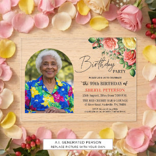 Elegant Floral with Photo 99th Birthday Party Acrylic Invitations
