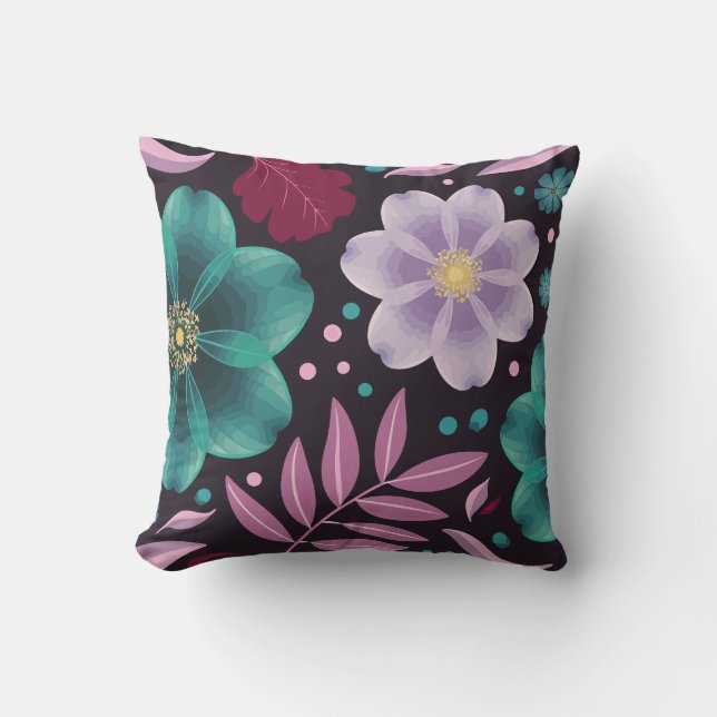 Elegant Floral with Teal and Purple Blossoms Cushion (Front)